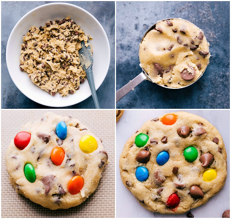 Process shots: mixing dough well; measuring into dough balls; adding M&M's to the top; bake!