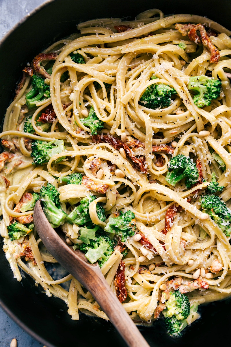 Overhead image of Creamy Pesto Pasta showing all the components in it, ready to be served.