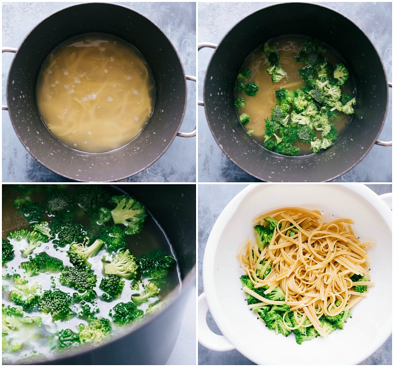 Overhead image of the pasta being cooked; the broccoli being added to the pasta; broccoli being boiled; then it all being drained