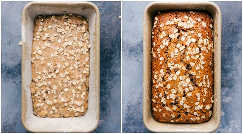 Image of the unbaked banana bread in the bread tin followed by the baked one in the tin.