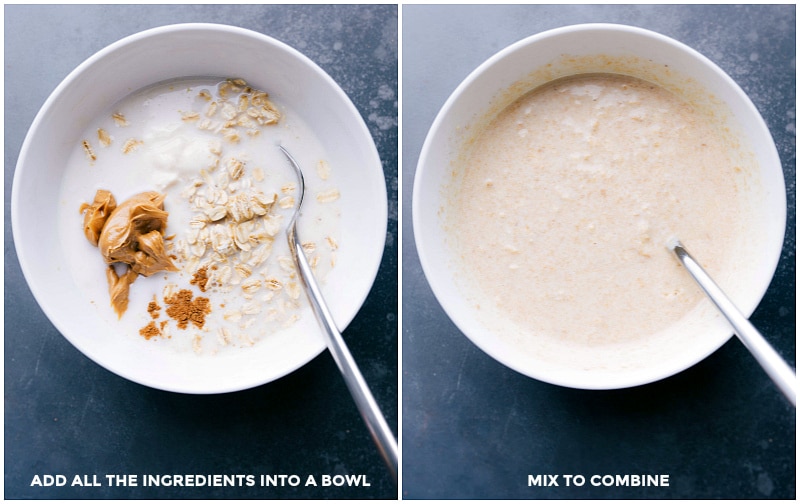 All the ingredients used in this recipe in a bowl, then being mixed together.