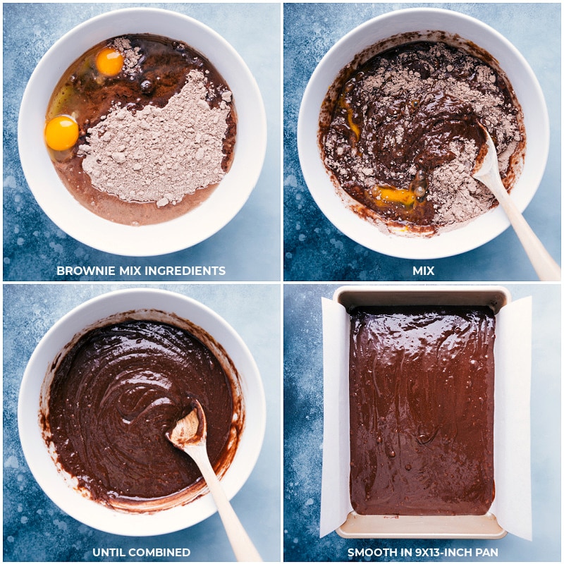 Process shots-- mixing the brownie ingredients; smoothing into the pan