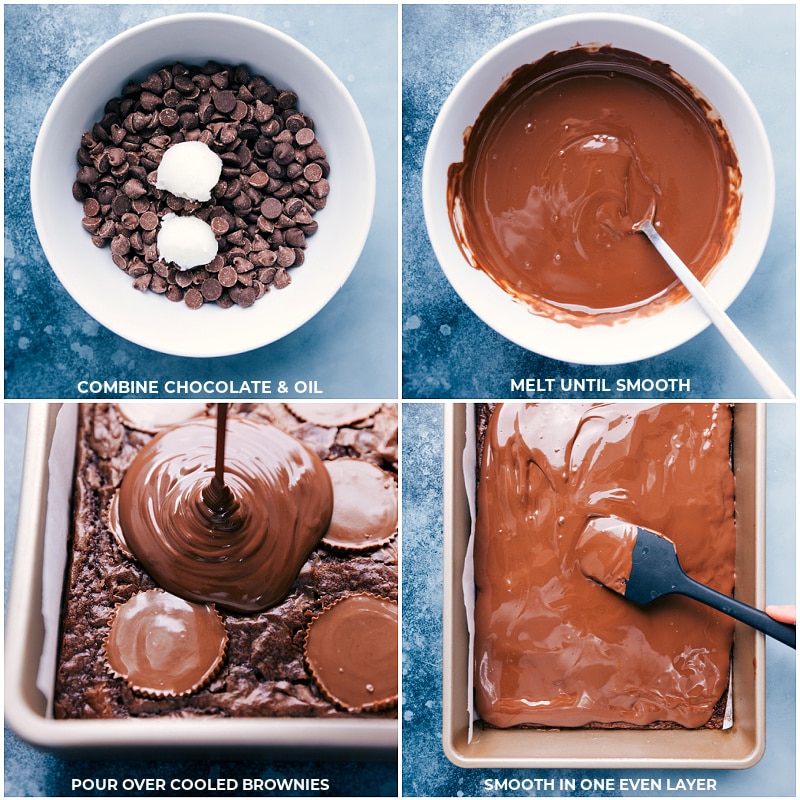 Process shots-- combine chocolate and coconut oil; melt until smooth; pour over cooled brownies; smooth into an even layer