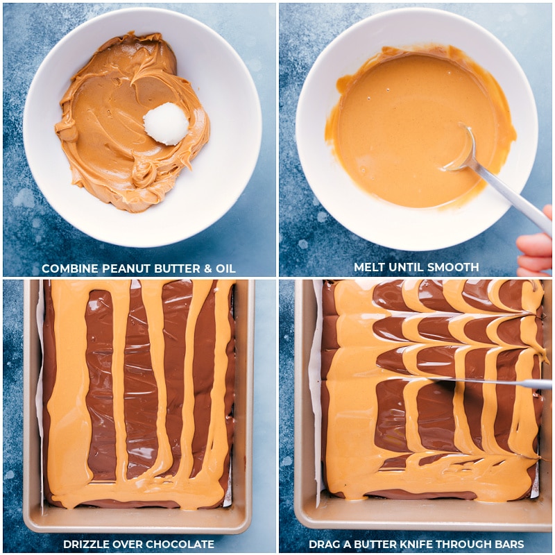 Process shots-- combine peanut butter and oil; melt until smooth; drizzle over the chocolate; drag a knife through topping but not into the actual brownies.