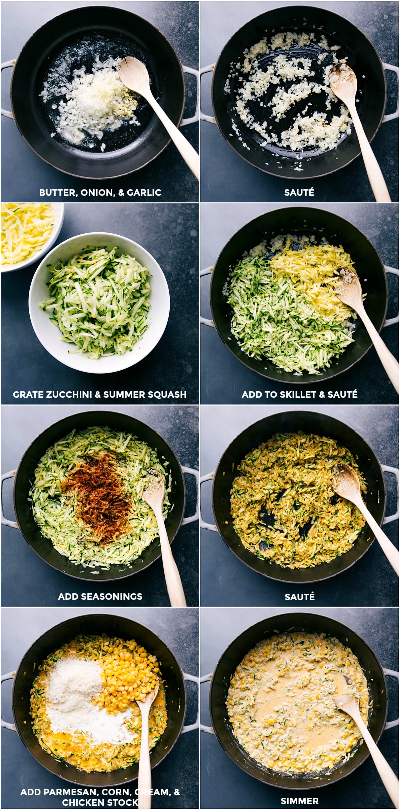 Prepare a flavorful dish by sautéing butter, onion, and garlic, grating zucchini and summer squash, adding seasonings, parmesan, corn, cream, and chicken broth, and simmering to blend flavors.