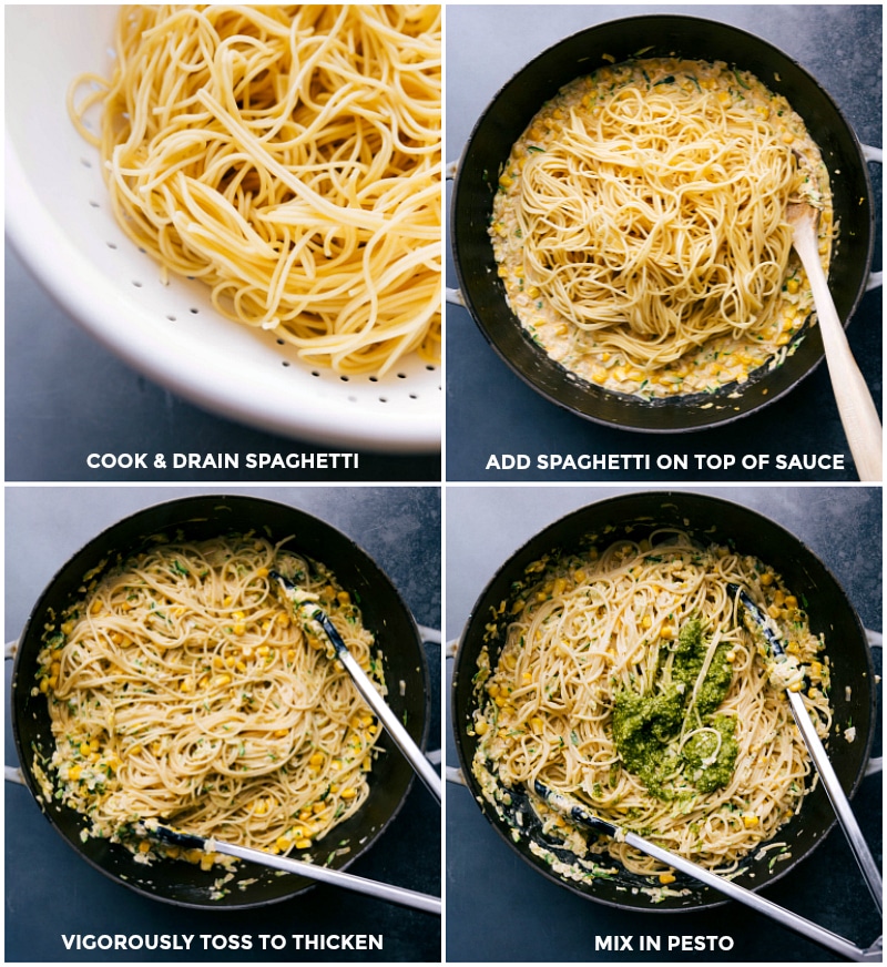 Boil and drain spaghetti, combine with the sauce, mix using tongs, and then incorporate the pesto.