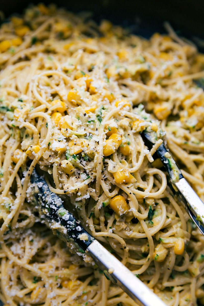 Close-up view of Zucchini Pasta Sauce, served with spaghetti.