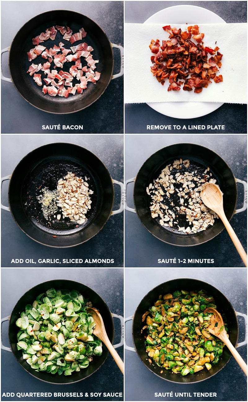 Process shots-- images of the bacon being cooked; the garlic and almonds being sautéed; the Brussels sprouts and soy sauce being added and sautéed.