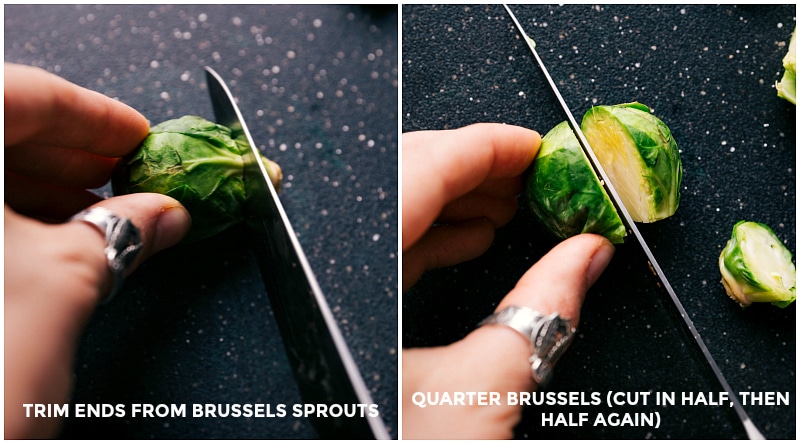 Brussels sprouts being cut in preparation for cooking.