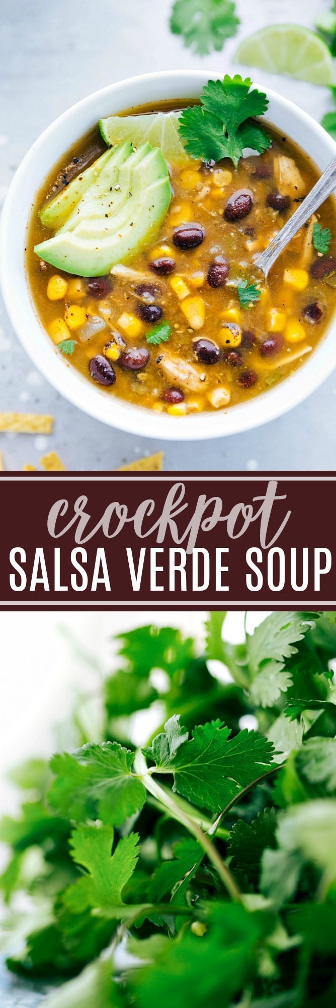 This healthy crockpot salsa verde chicken soup is mega flavorful and takes less than 10 minutes prep! | chelseasmessyapron.com
