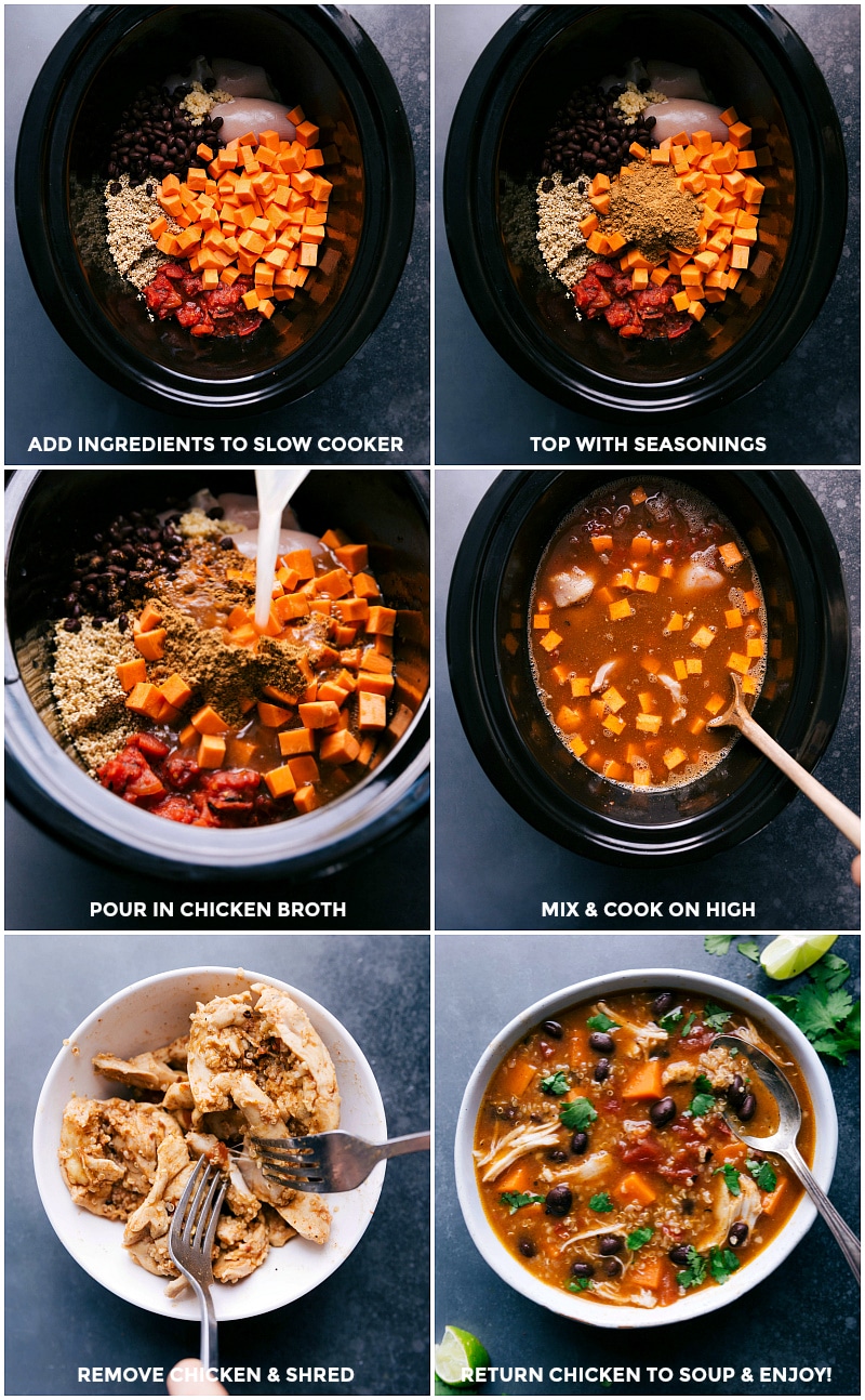 All the ingredients being added to the slow cooker to cook on high, and cooked meat being shredded and added back in.