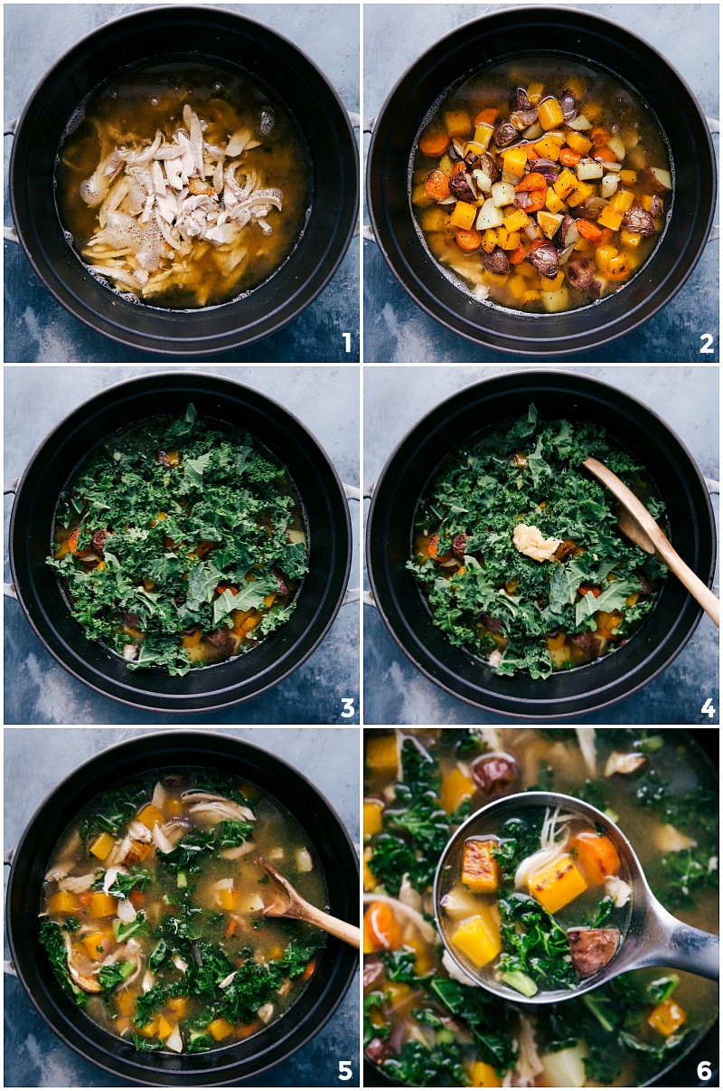 Process shot of Chicken Vegetable Soup recipe being made in one pot on the stove.