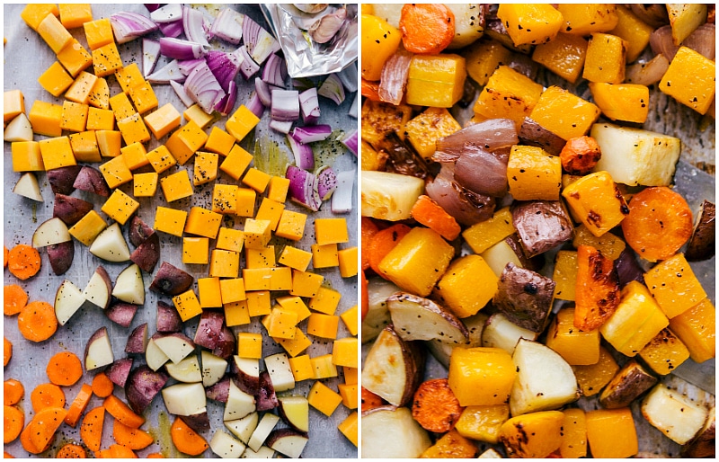 Process shot-- image of the veggies being roasted for Chicken Vegetable Soup.