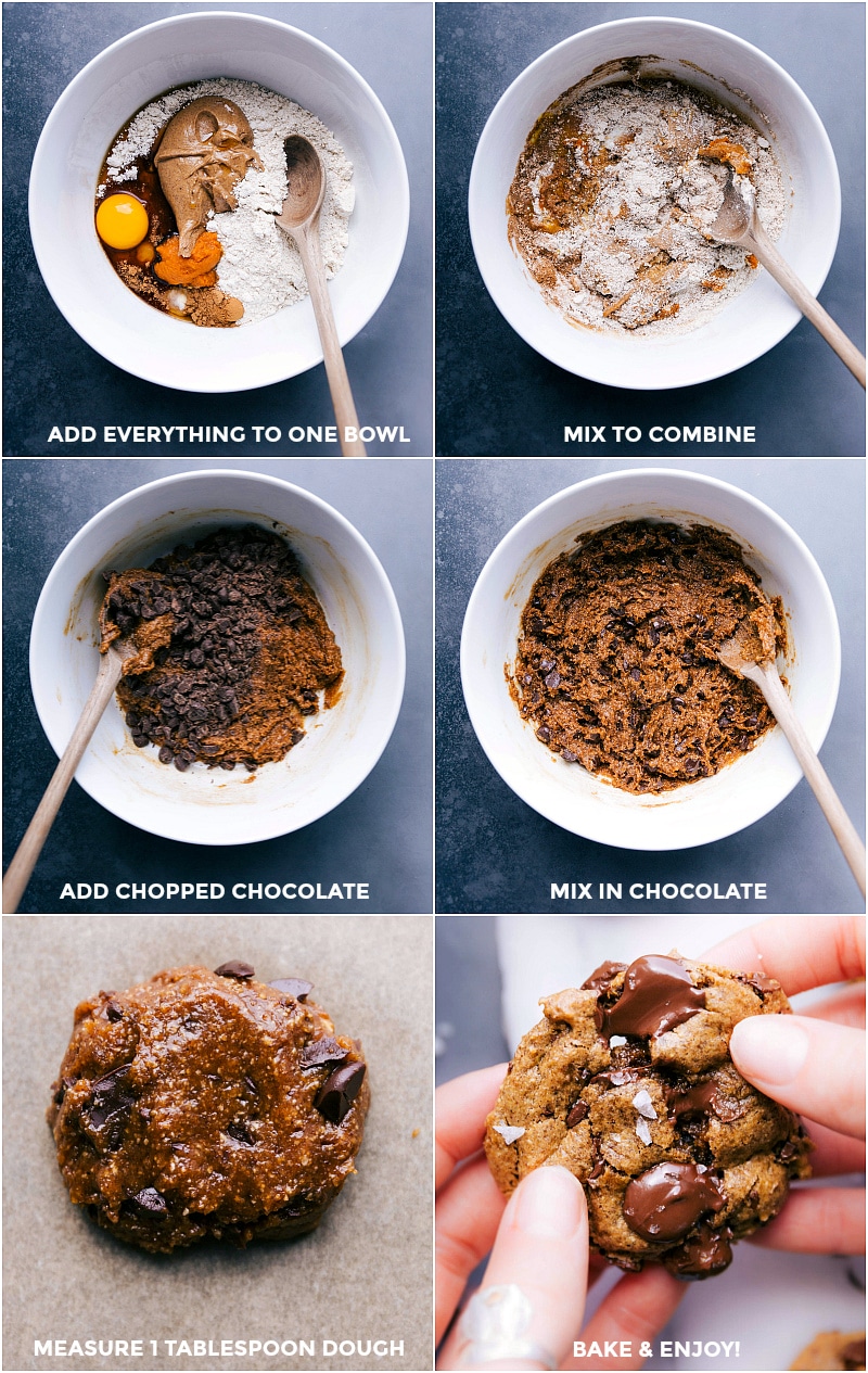 Process shots showing all the ingredients being added to a bowl, mixing to combine, chocolate being added to the dough, then it being rolled and baked.