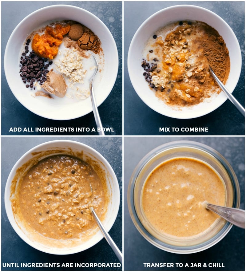 Process shots-- images of all the ingredients in a bowl, being mixed to combine, and then transferring them to a jar to chill.