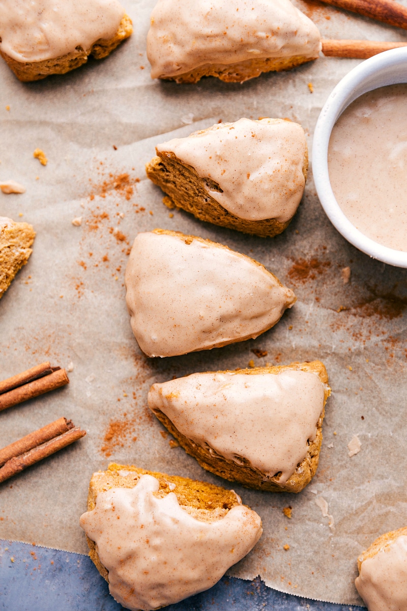 Overhead image of the glazed Pumpkin Scones, ready to be eaten.