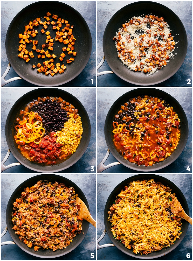 Adding, mixing, and sautéing ingredients for the one skillet sweet potato recipe.