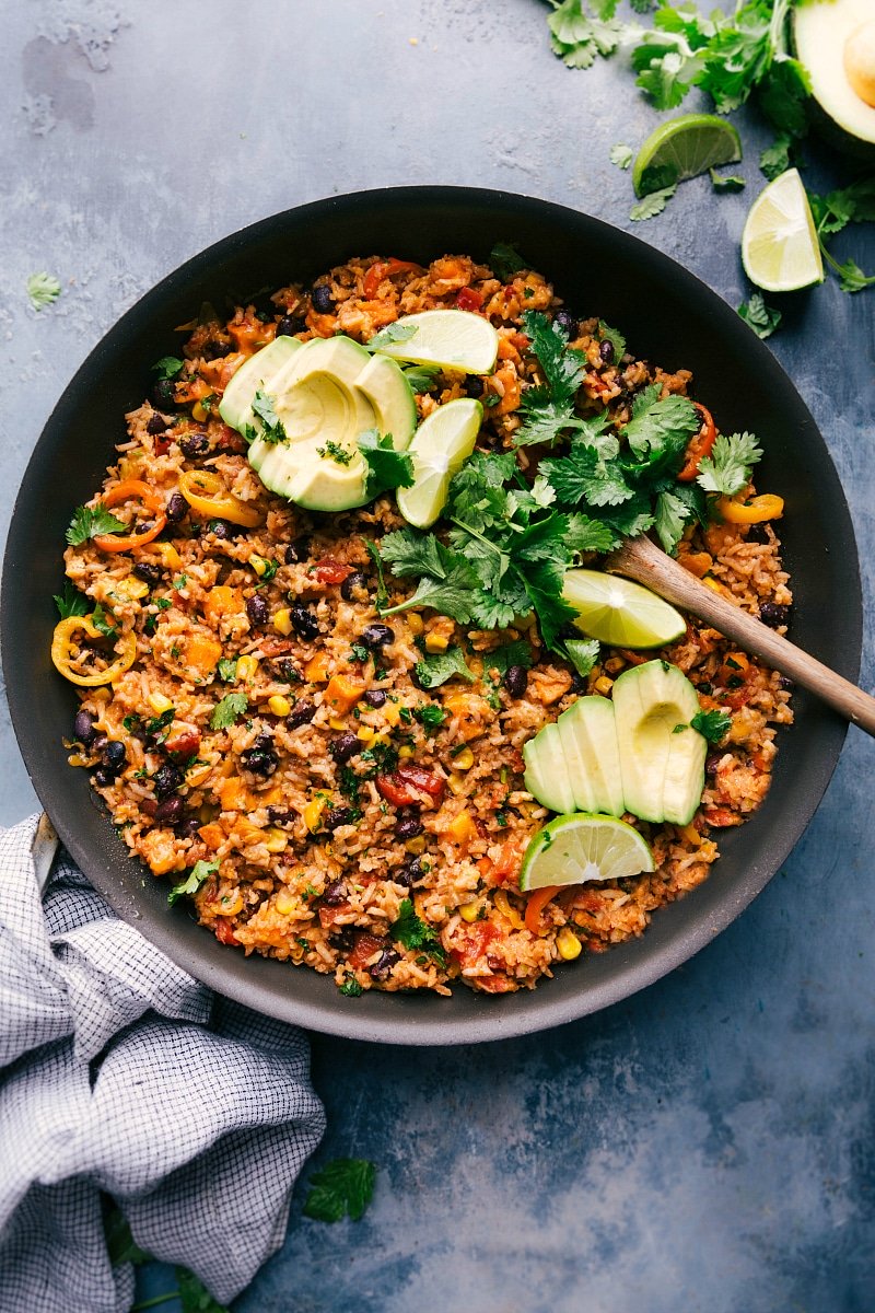 Overhead image of One-Skillet Sweet Potato Burrito Bowl with toppings, still in the skillet