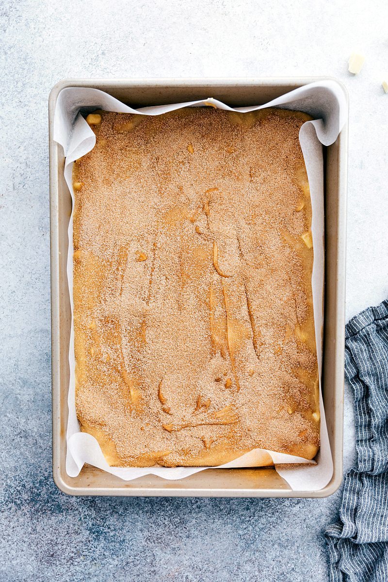 Image of the easy snickerdoodle blondies fresh out of the oven still in the pan