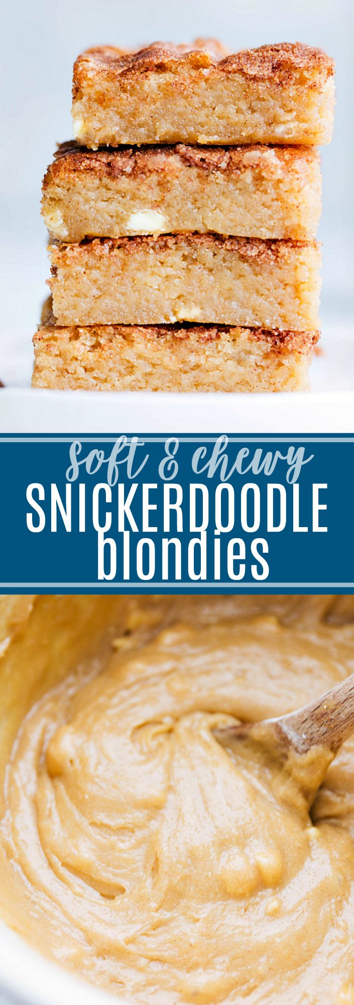 The best soft and chewy white chocolate snickerdoodle blondies! These soft, chewy, and dense bars are like a snickerdoodle brownie! via chelseasmessyapron.com #snickerdoodle #blondie #bars #easy #quick #dessert