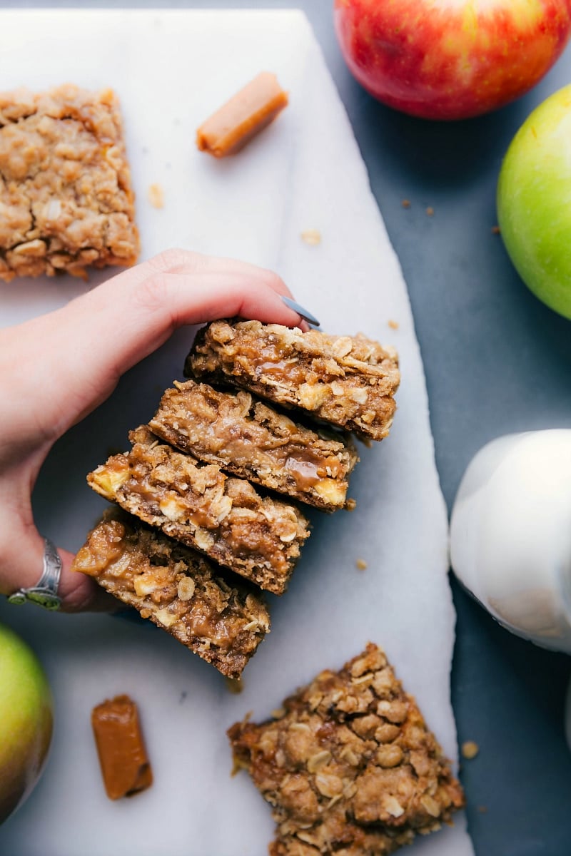 A stack of apple pie bars showcasing their delicious texture and flavor.