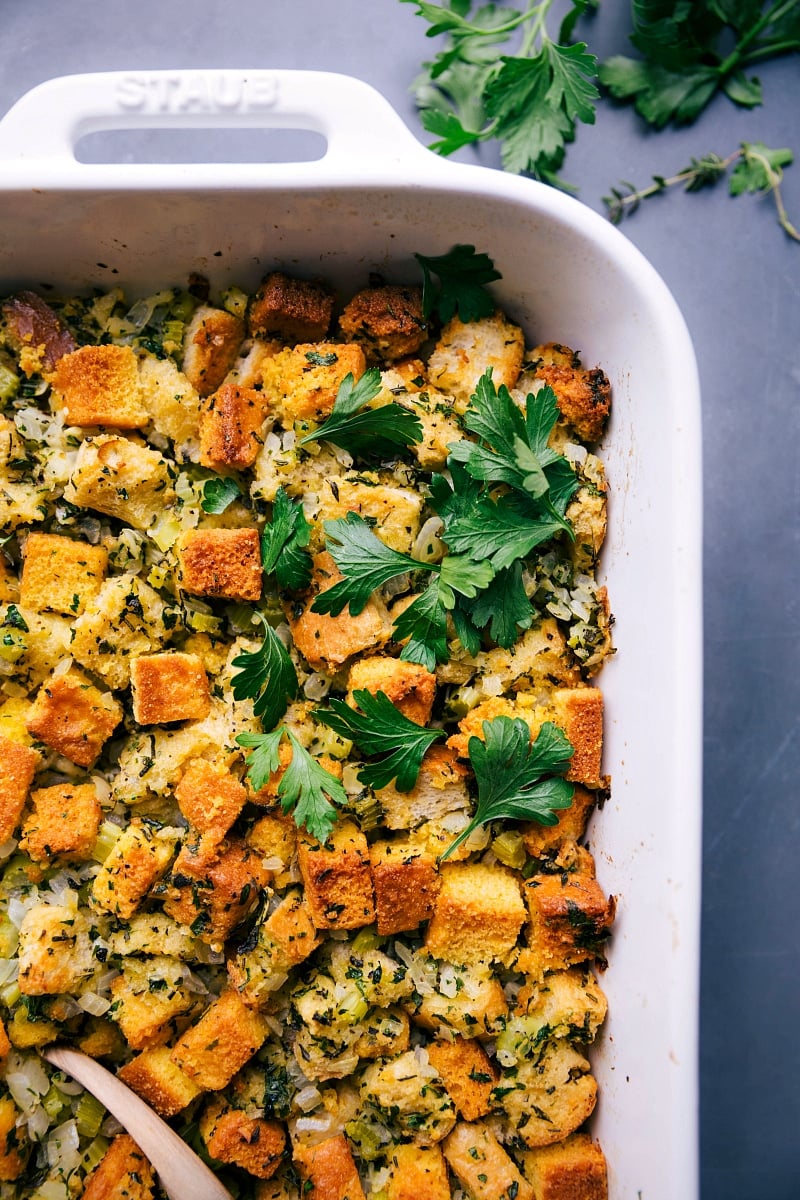 Up-close overhead image of Cornbread Dressing fresh out of the oven, ready to be eaten.