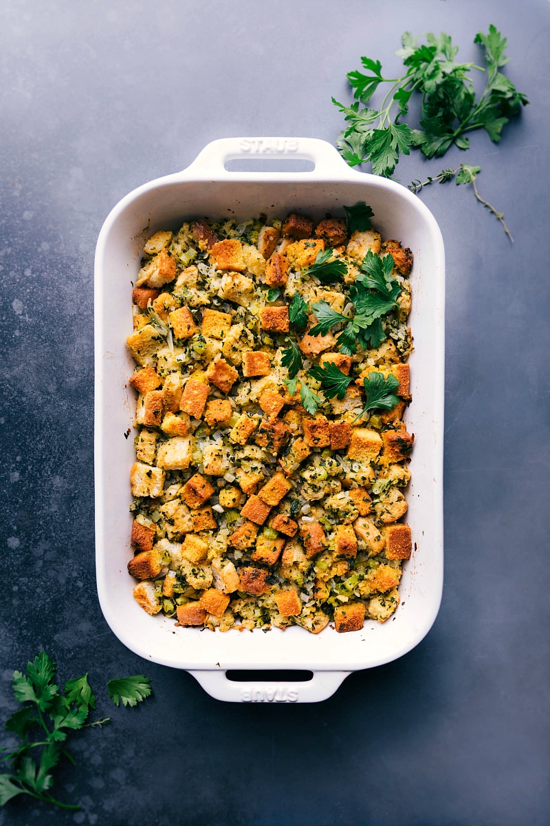 Overhead image of Cornbread Dressing, fresh out of the oven.