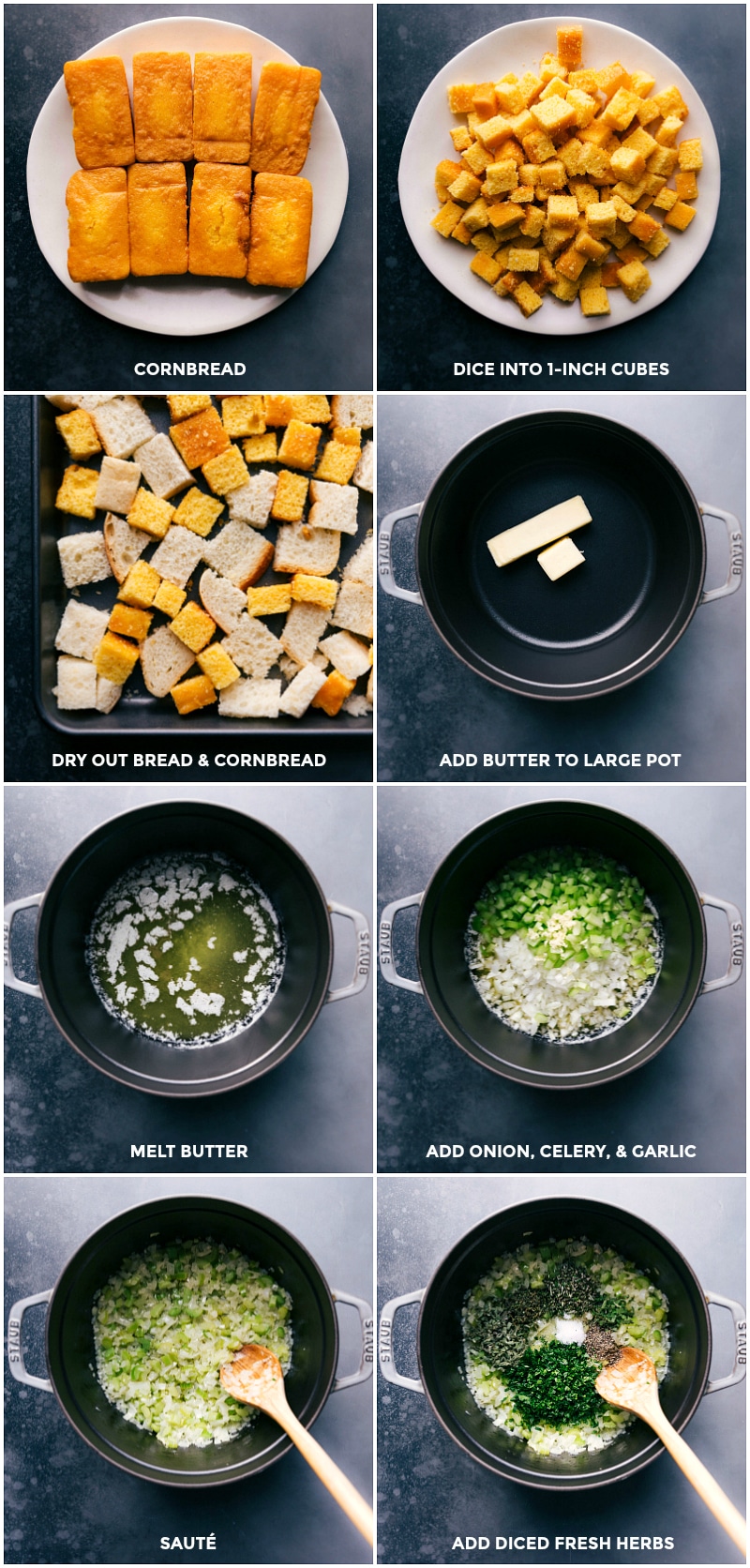 Cutting cornbread and sourdough bread and placing them on a tray to dry out, while preparing the butter, herb, and veggie mixture in a pan for stuffing.