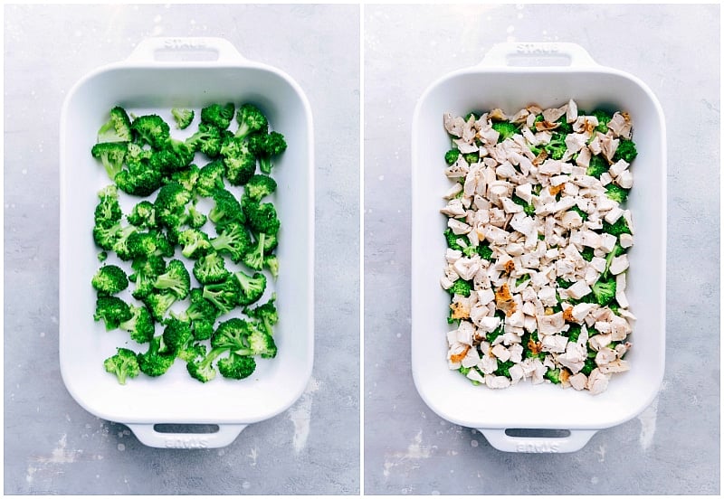 Broccoli and chicken being added to the casserole dish.