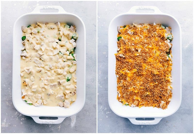 Sprinkling panko breadcrumbs and shredded cheese to the chicken divan recipe.