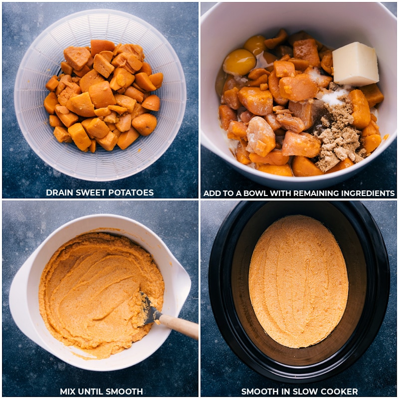 Process shots of Slow Cooker Sweet Potato Casserole-- images of the drained sweet potatoes and remaining ingredients being added to a bowl and mixed together