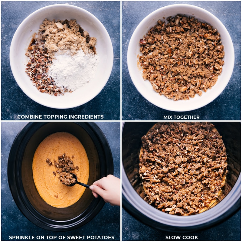 Process shots-- images of the pecan crumble being made and then sprinkled over the top of the dish in the crockpot
