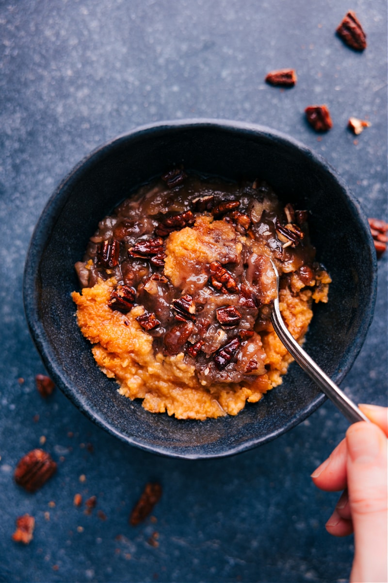 Overhead image of Crockpot Sweet Potato Casserole in a bowl