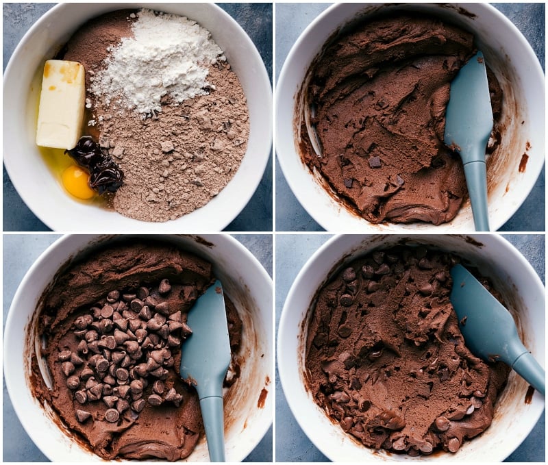 Making the dough, starting with ingredient assembly, mixing, and adding chocolate chips.