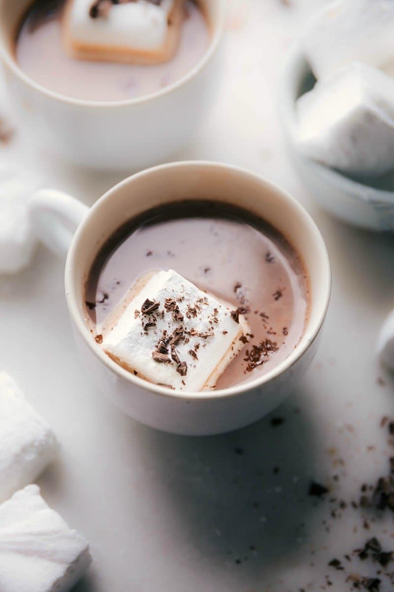 Overhead image of Homemade Marshmallows in a cup of hot chocolate.