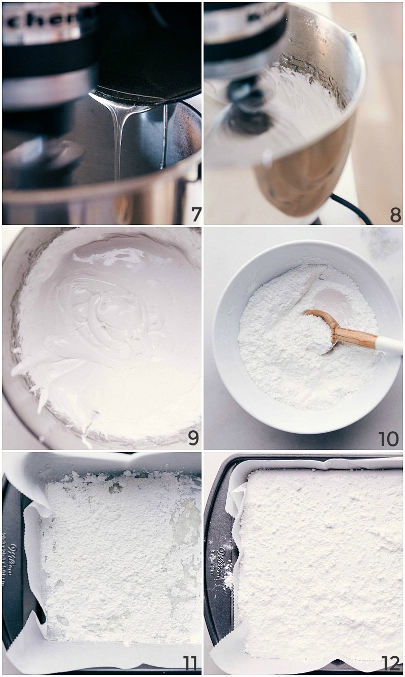 Process shot-- drizzling the syrup into the gelatin; mixing for 10-15 minutes; the appearance of the marshmallow batter; mixing powdered sugar and cornstarch; sprinkling the cornstarch mixture in the bottom of the pan; sprinkling more on top of the marshmallows.