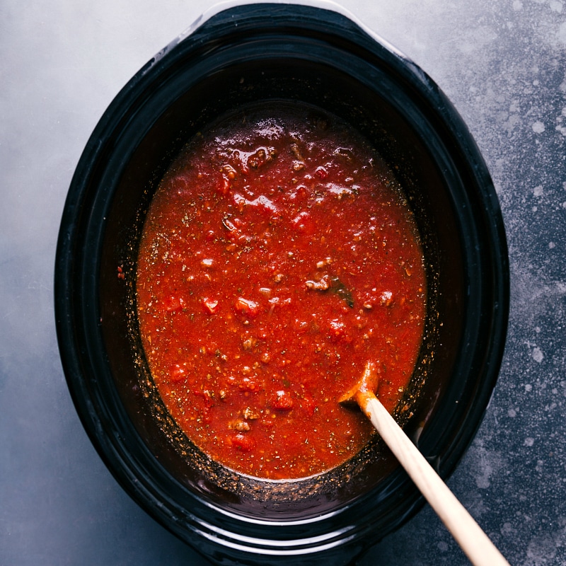 Overhead view of Slow Cooker Lasagna Soup in the pot