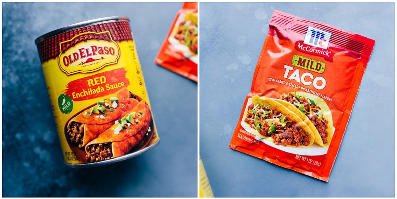 Enchilada sauce and taco seasoning used in this recipe.