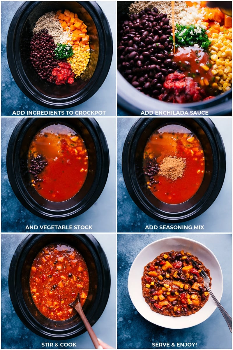 Ingredients being added to the slow cooker and being cooked.