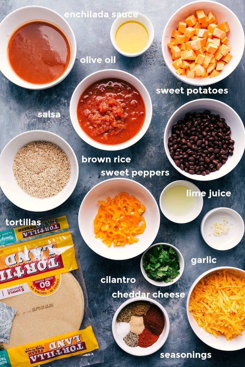 Assembly of ingredients for sweet potato black bean enchiladas, showcasing the filling components.