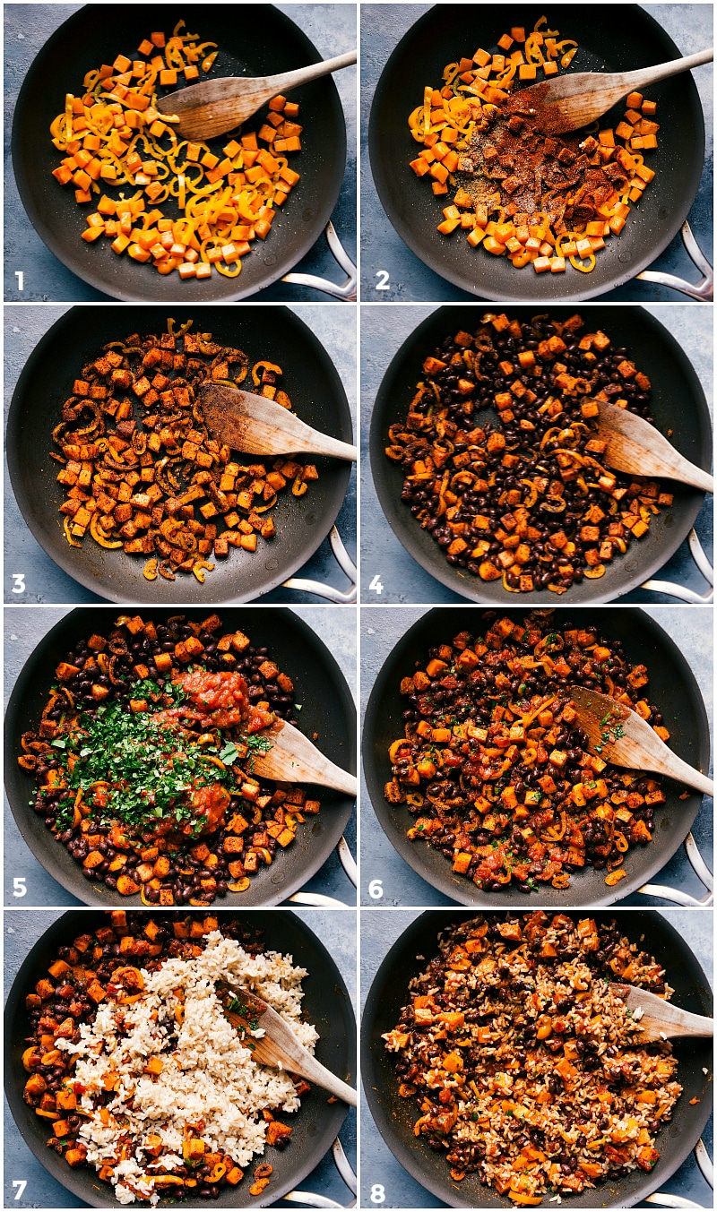 Preparing the flavorful filling, combining sweet potatoes, black beans, seasonings, and other ingredients.