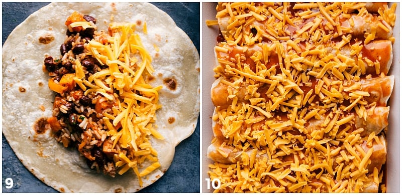 Process shot-- image of the filling going into the tortilla and then the Sweet Potato Enchiladas being placed in a casserole dish with fresh cheese on top