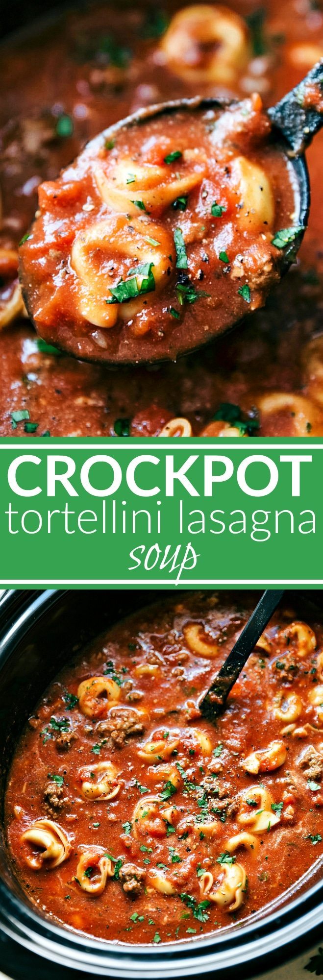 SLOW COOKER TORTELLINI LASAGNA! A crockpot lasagna soup made with cheese-filled tortellini. This soup is simple to make, tastes just like lasagna in soup form, and is a sure crowd pleaser! via chelseasmessyapron.com