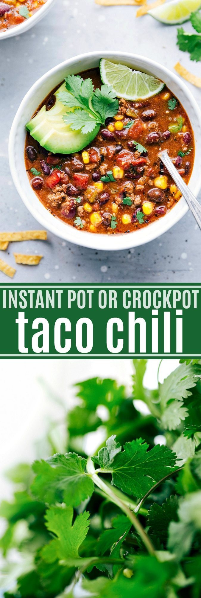 The best ever taco chili made in 30 minutes or less in the instant pot (pressure cooker)! Plus instructions for cooking this soup in a crockpot or on the stovetop. via chelseasmessyapron.com