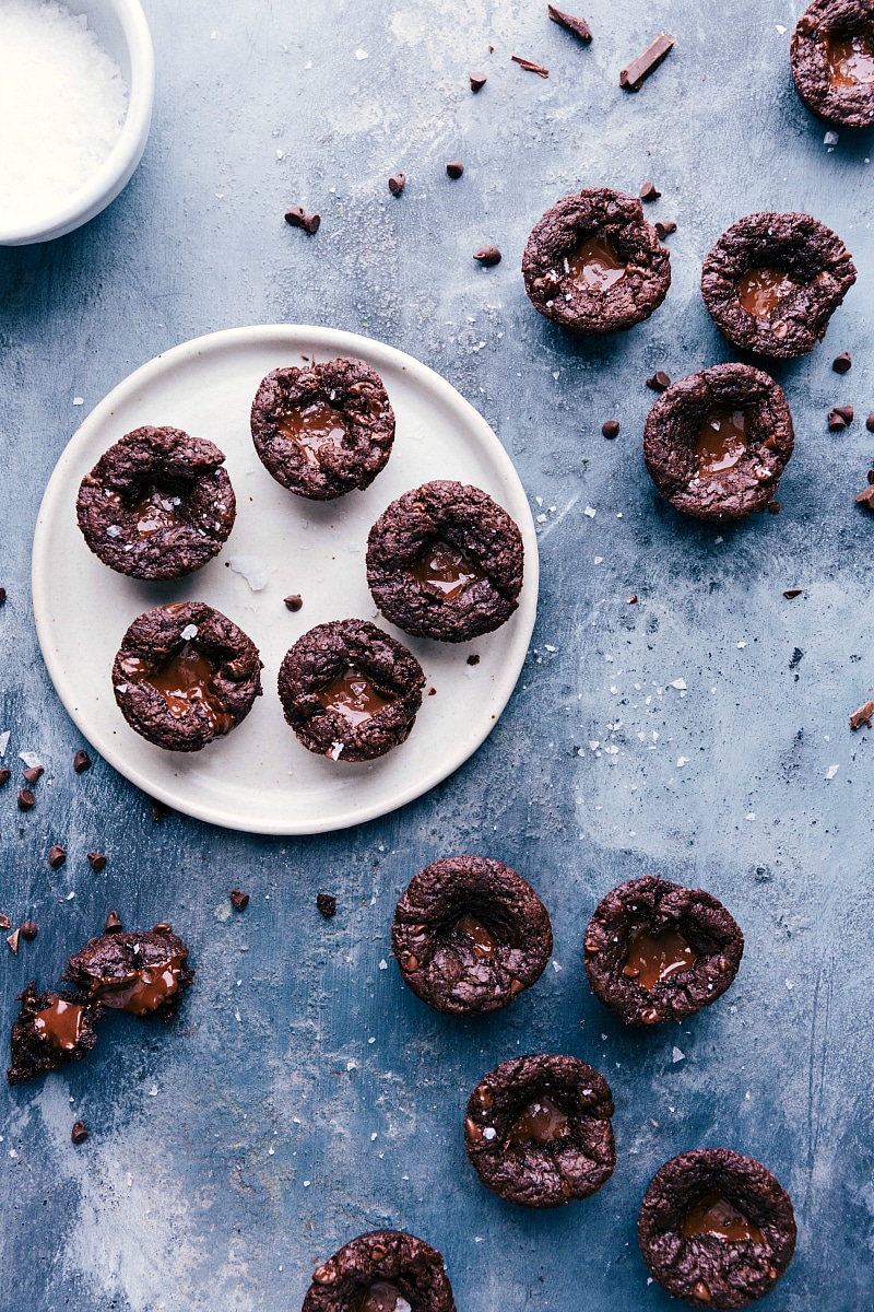 Up-close plate of of finished Brownie Bites with oozing melted chocolate.