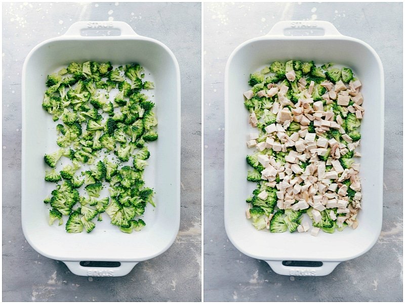 Broccoli and meat being layered into a casserole dish for cooking.