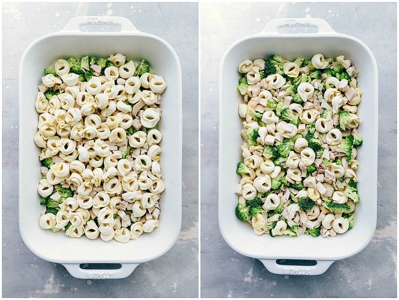 Pasta being poured into the casserole dish, ready for baking.