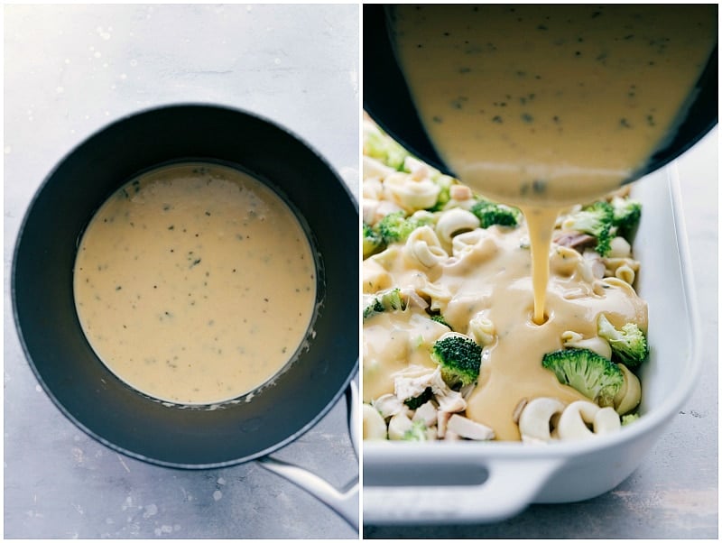 Rich, cheesy sauce being poured over the chicken tortellini casserole in preparation for baking.