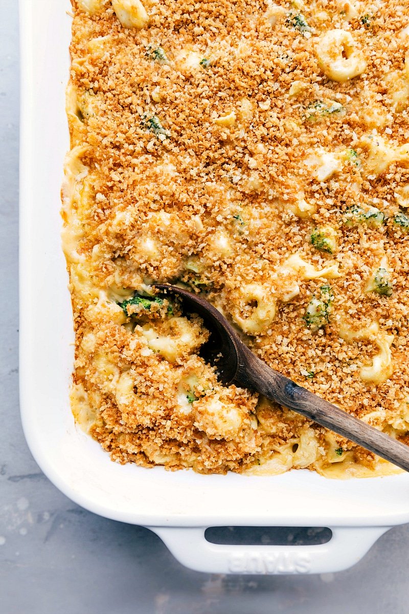 Chicken tortellini in a casserole dish, freshly baked with a golden crust on top.