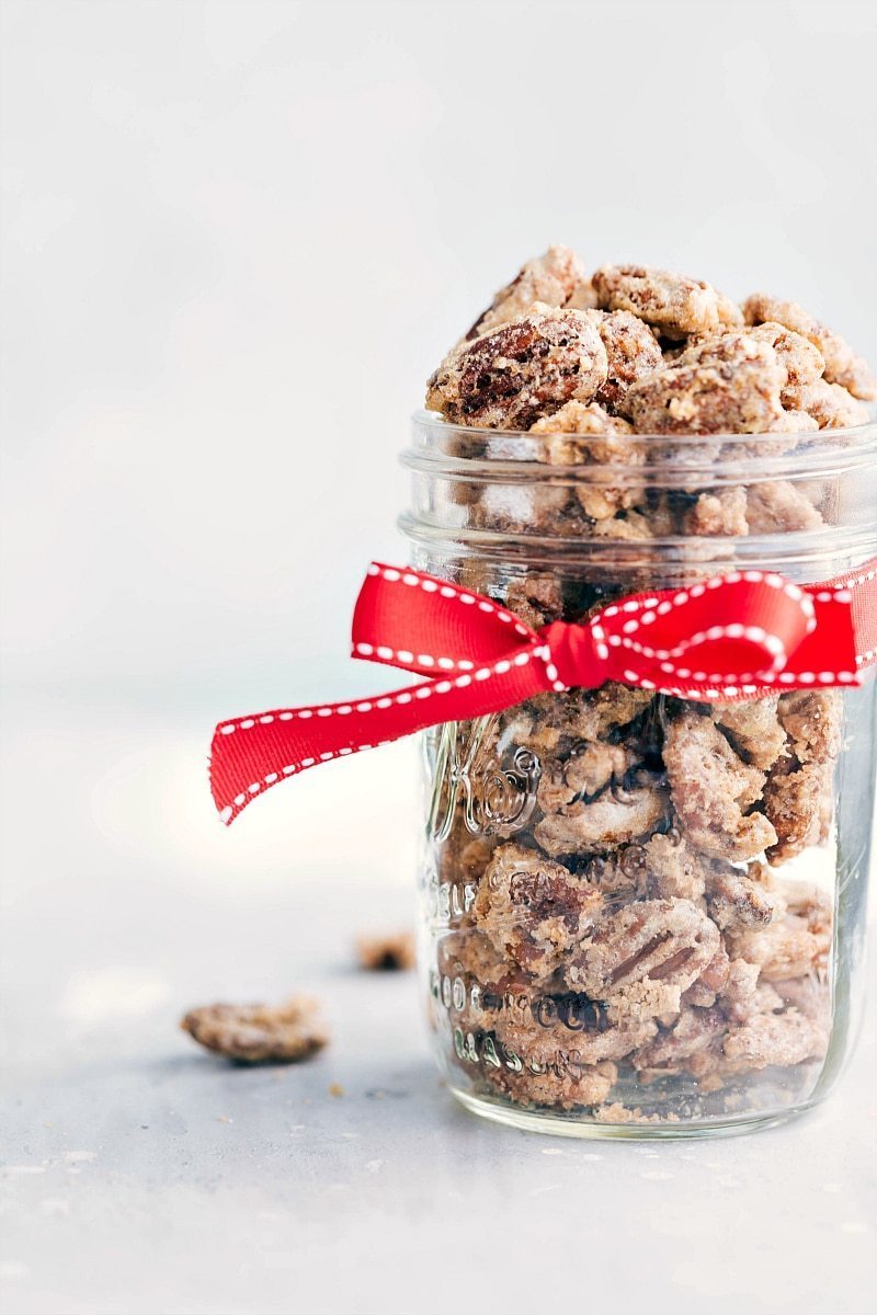 Mason jar filled with Candied Pecans.